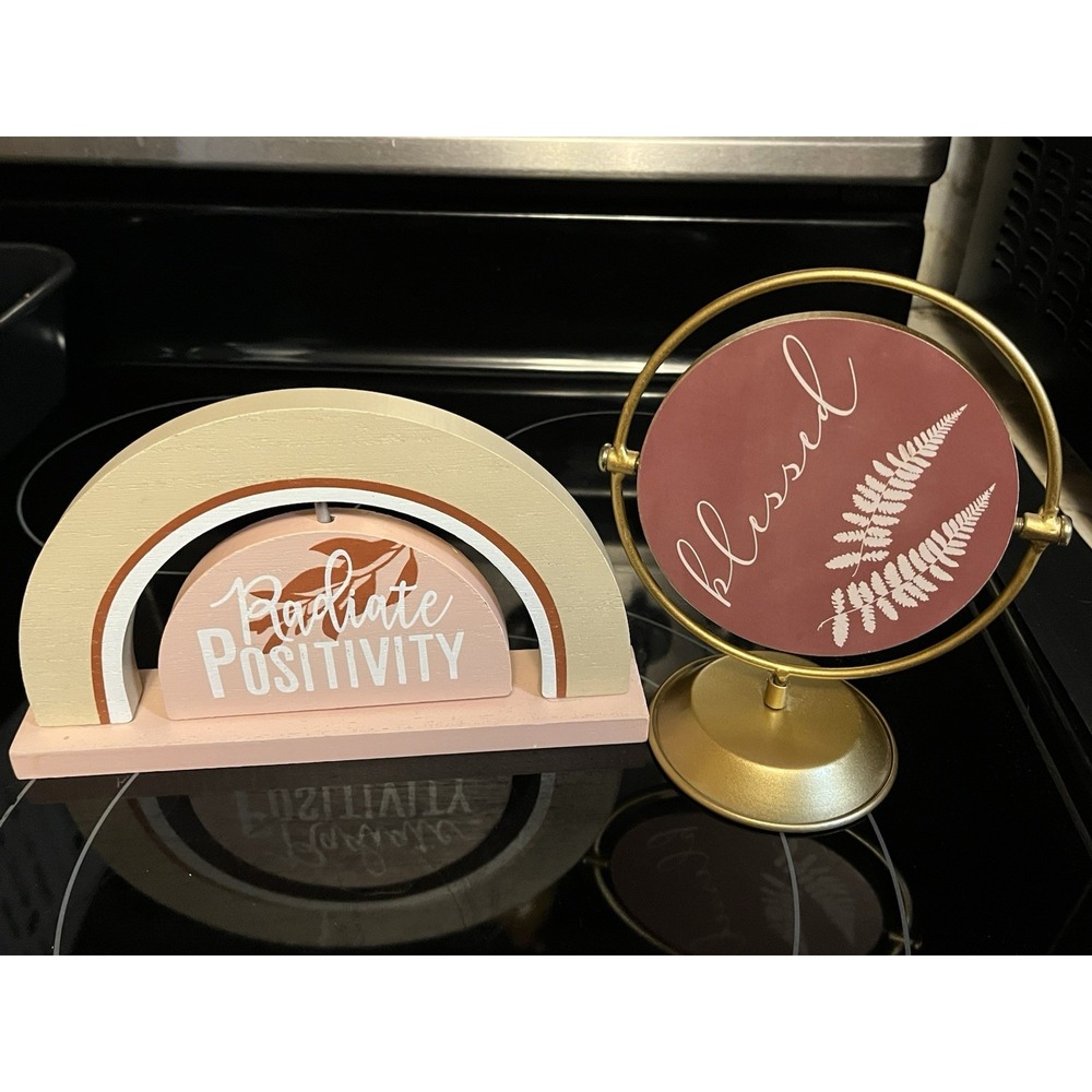 Set/2‎ Table Decor "Radiate Positivity" "Loved/Blessed" Mauve Cream Color E153
